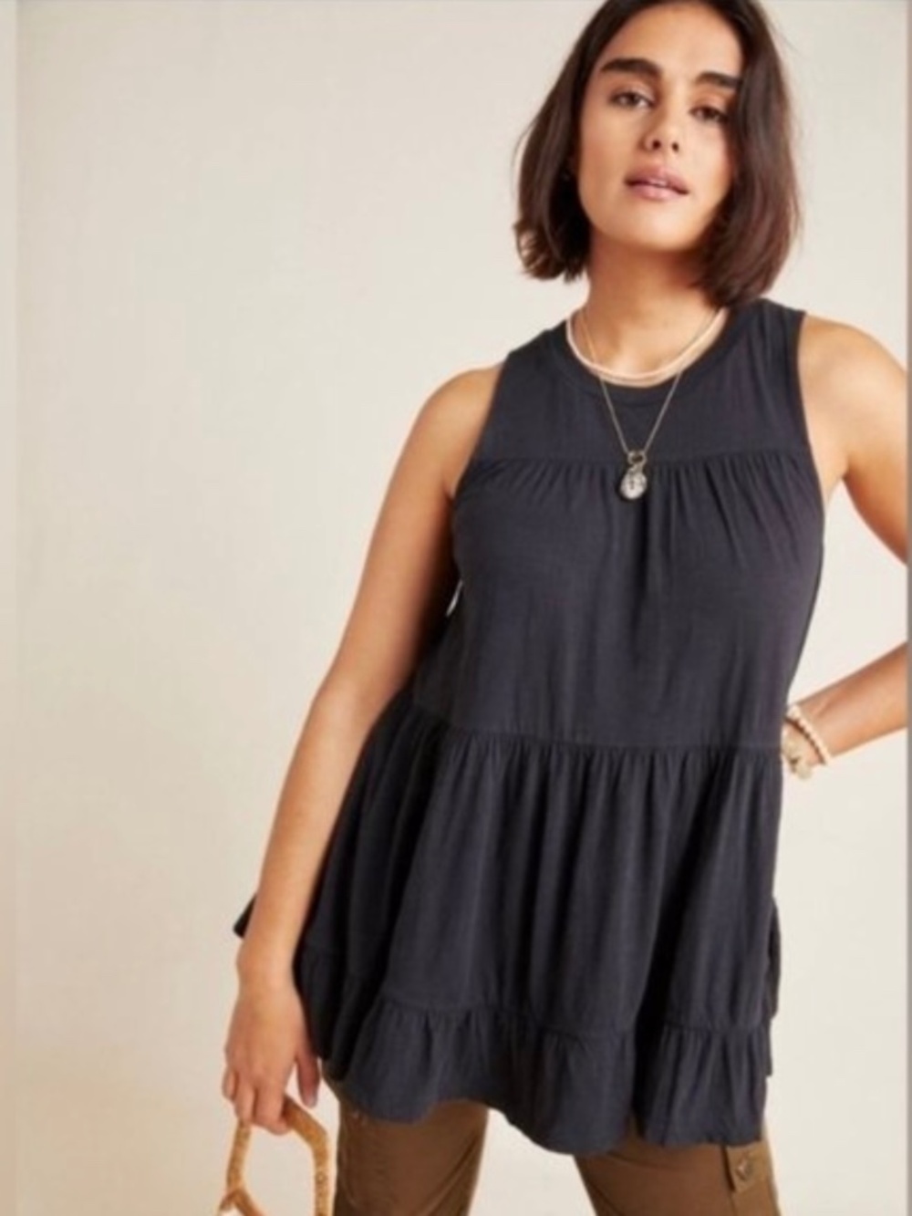 Anthropologie By Anthropologie Black Georgia Tiered Babydoll Tunic Tank Top XS